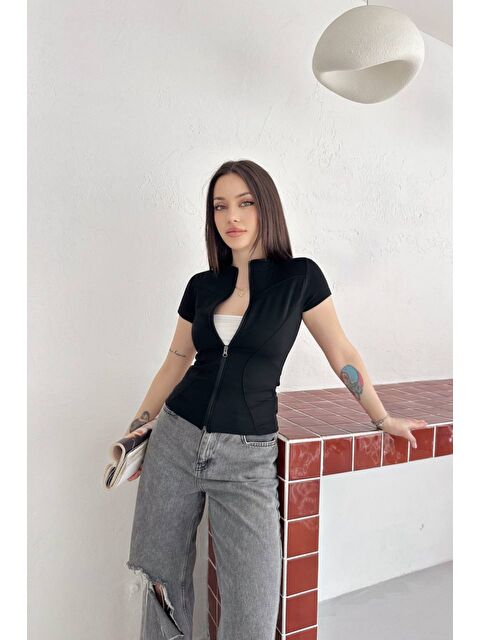 Tarz Cool Kadın Fermuarlı Fit Tişört Slim Fit Kısa Kollu Bluz Basic Crop Üst