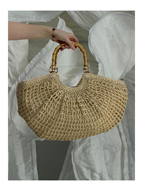 Luminos Butik Yarım Ay Bambu Kulplu Bej Hasır Çanta CNT1155