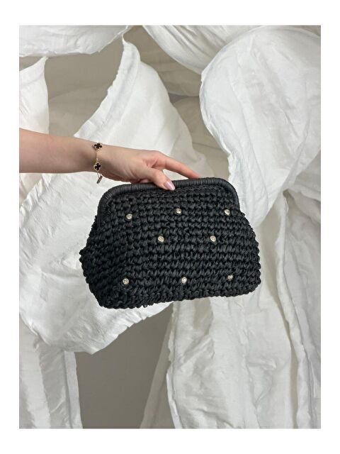 Luminos Butik Klasik Zincir Askılı Taşlı Siyah Hasır Çanta CNT1144