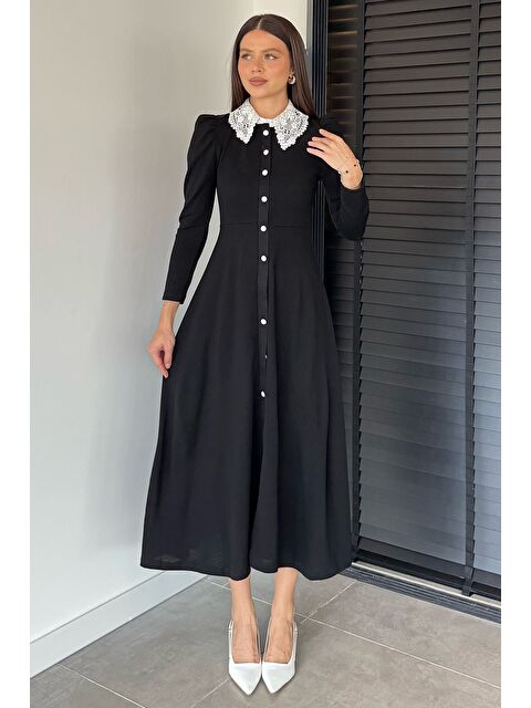 Gülseli Kadın Dantel Yaka Boydan Düğmeli Triko Elbise - S000471152-19351