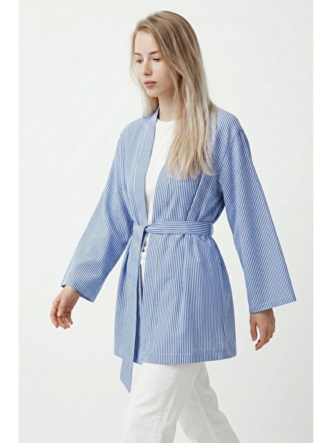 Saade Mavi Kadın Dikey Çizgili Geniş Kollu Yazlık Relaxed Kimono