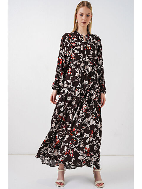 Bigdart Kadın Desenli Uzun Tesettür Elbise 2585 - Beyaz - Kahve