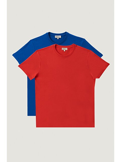AC&Co / Altınyıldız Classics Erkek Saks-Kırmızı Slim Fit Bisiklet Yaka 2'li Düz Tişört Paketi - S000394297-23710