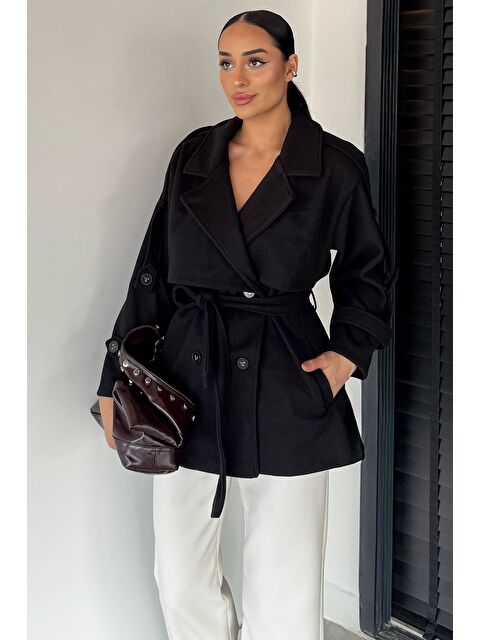 Gülseli Kadın Bel Kuşaklı Çift Cepli Kruvaze Yaka Kaşe Kaban - S000471154-19351