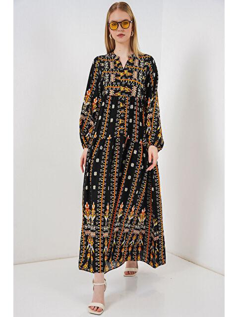 Bigdart Kadın Desenli Uzun Tesettür Elbise 2585 - N. Siyah