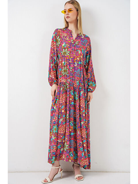 Bigdart Kadın Desenli Uzun Tesettür Elbise 2585 - Çok Renkli