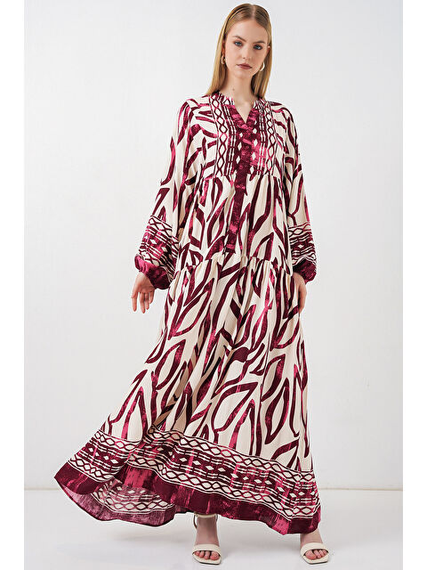 Bigdart Kadın Desenli Uzun Tesettür Elbise 2585 - H. Bordo
