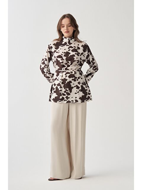 ALLDAY Acı Kahve-Dalmaçya Desen Kemerli Bluz