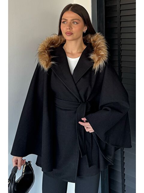 Gülseli Kadın Kapüşonu Kürklü Bel Bağlamalı Panço - S000469748-19351