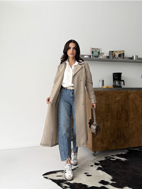 Comstar Kadın Klasik Cepli Kuşaklı Trend Midi Krem Trençkot