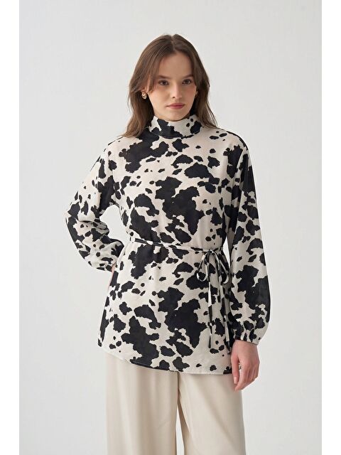 ALLDAY Siyah-Dalmaçya Desen Kemerli Bluz