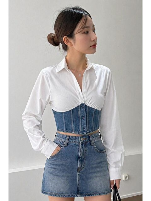 Tarz Cool Kadın Jean Korse Detaylı Özel Tasarım Slim Gömlek