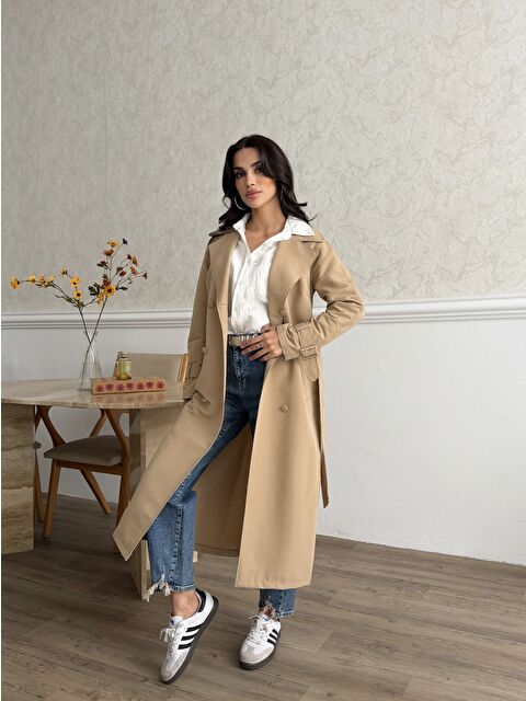 Comstar Kadın Klasik Cepli Kuşaklı Trend Midi Taba Trençkot