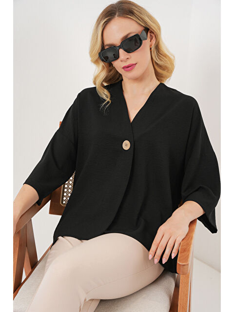 Bigdart Kadın Kısa Kol Oversize Kimono 5969 - Siyah - S000411779-19351