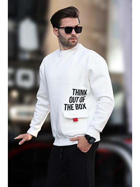 Madmext Ekru Bisiklet Yaka Şardonlu Cep Detaylı Baskılı Erkek Sweatshirt 7061 - S000250006-19965
