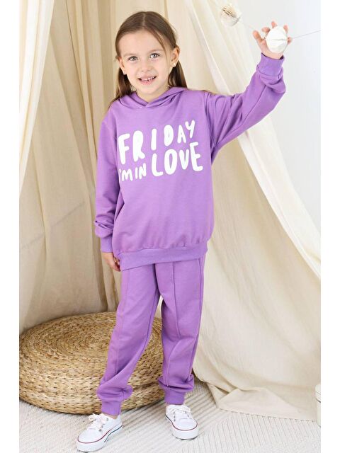 Riccotarz Kız Çocuk Friday Baskılı Kapüşonlu Mor Eşofman Takım - S000272324-20042