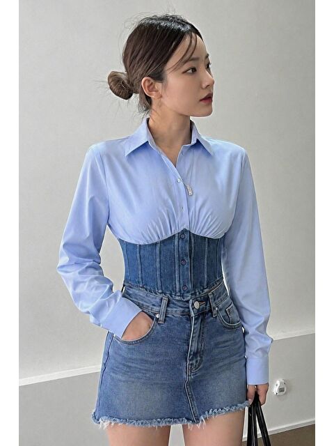 Tarz Cool Kadın Jean Korse Detaylı Özel Tasarım Slim Gömlek