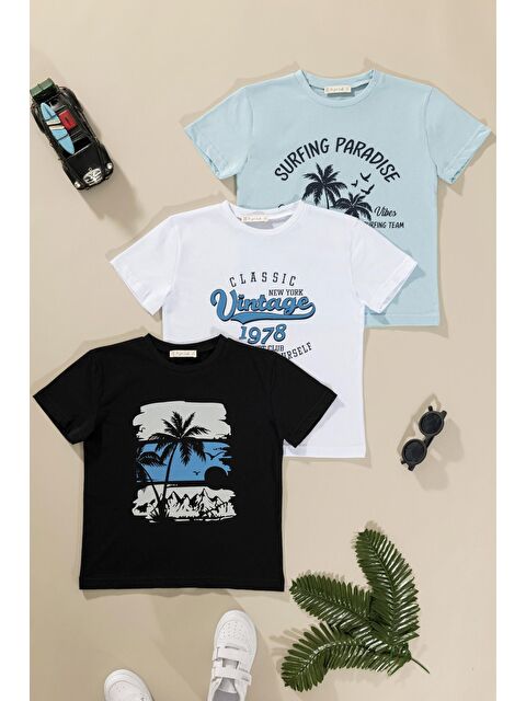 For You Kids 3'lü Safari Baskılı Siyah Beyaz Mavi Tshirt - S000207464-4272