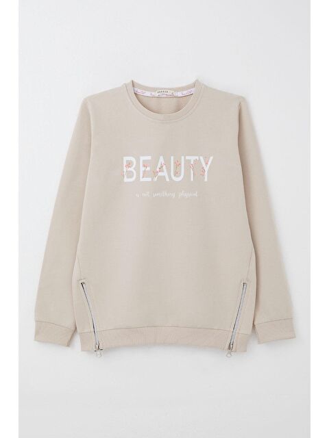 Breeze Kız Çocuk Sweatshirt Yazı Baskılı Kenarları Fermuar Detaylı Bej (9-12 Yaş) - S000355920-19928