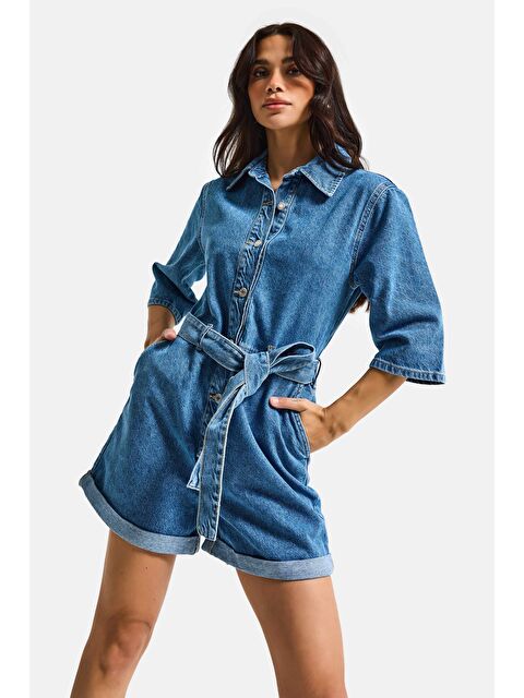 It's Basic Kadın Mavi 1s6-4 Straight Kemer ve Düğme Detaylı Denim Tulum Şort