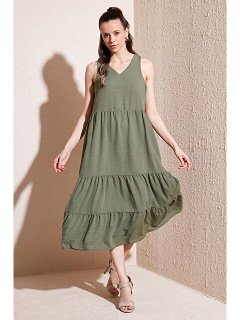 Lela Relaxed Fit V Yaka Volanlı Midi Elbise 611El011 - S000216881-18547