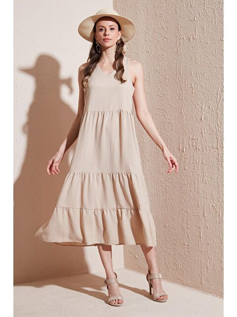 Lela Relaxed Fit V Yaka Volanlı Midi Elbise 611El011 - S000216881-19928