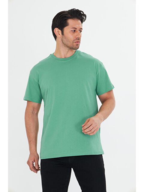 TRENDHILL Erkek Pamuklu Bisiklet Yaka Oversize Tişört Yeşil 5015-Y - S000526681-18194