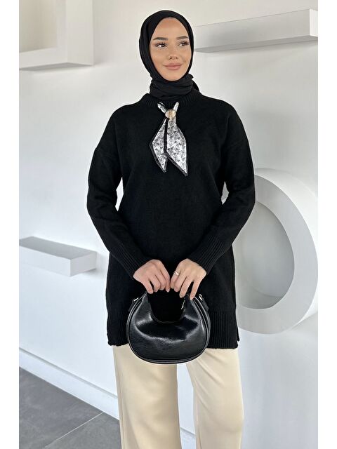 Julude Bisiklet Yaka Fularlı Tesettür Triko Tunik - S000491631-19351