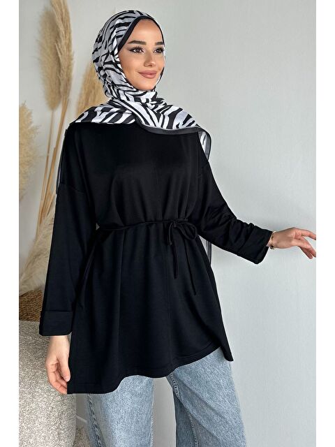 Julude Bisiklet Yaka Yan Yırtmaç Detaylı Bel Bağlamalı Tesettür Tunik - S000491632-19351
