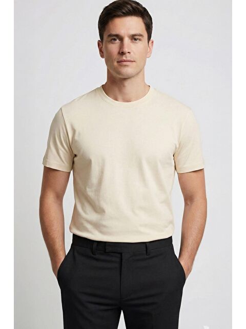 Sabri Özel Giotelli Ekru Regular Fit %100 Pamuk Bisiklet Yaka Erkek Tişört - S000525319-19965