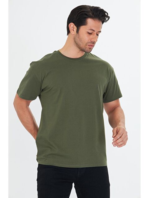 TRENDHILL Erkek Pamuklu Bisiklet Yaka Oversize Tişört Haki 5015-H - S000526681-18547