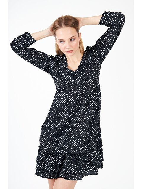 Comstar Kadın Uzun Kollu Nokta Desenli Siyah Mini Elbise