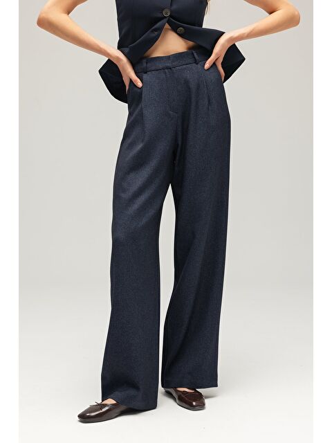 Saade Lacivert Kadın Yün Görünümlü Yüksek Bel Geniş Paça Dokuma Pantolon