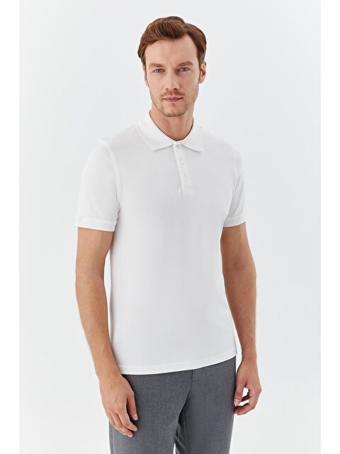 Sabri Özel Beyaz %100 Pamuk Düğmeli Polo Yaka Erkek T-Shirt - S000525322-20063