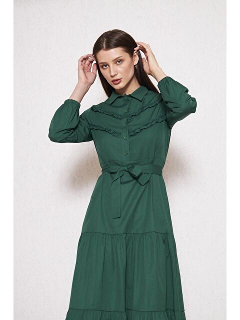 Comstar Kadın Katlı Pilise Detaylı Gömlek Yaka Elbise