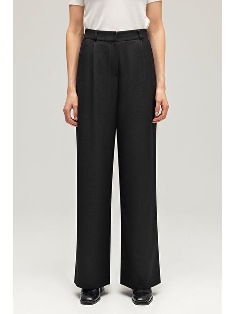 Saade Siyah Kadın Yün Görünümlü Yüksek Bel Geniş Paça Dokuma Pantolon
