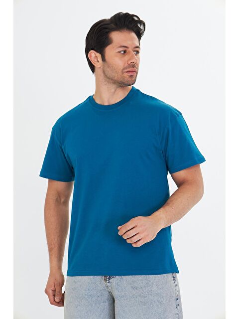 TRENDHILL Erkek Pamuklu Bisiklet Yaka Oversize Tişört Mavi 5015-M - S000526681-17234