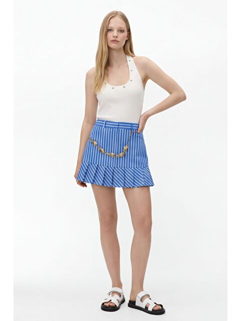 QUZU Aksesuar Zincirli Çizgili Mini Etek Mavi