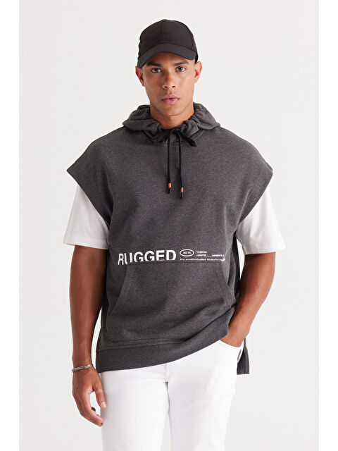 AC&Co / Altınyıldız Classics Erkek Antrasit-Melanj Oversize Bol Kesim Kapüşonlu Baskılı Sweatshirt - S000396734-29666