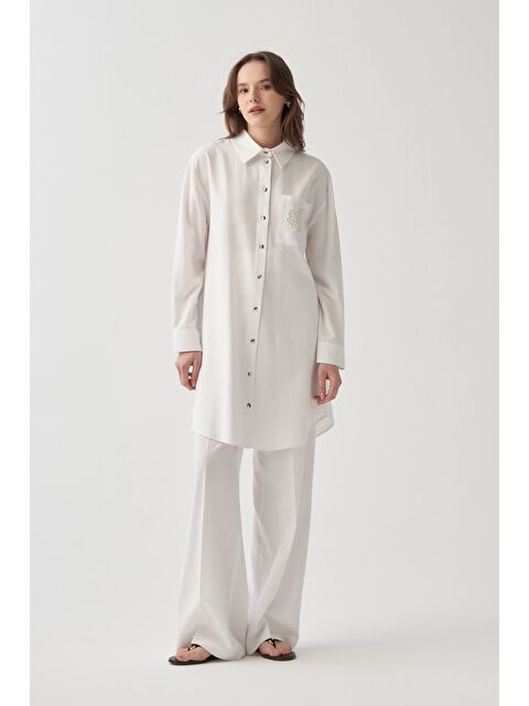 ALLDAY Beyaz-Lazer Kesim Detaylı Keten Gömlek