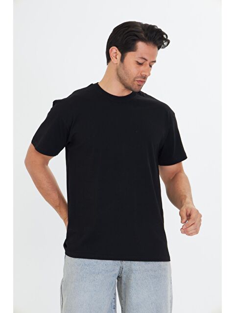 TRENDHILL Erkek Pamuklu Bisiklet Yaka Oversize Tişört Siyah 5015-S - S000526681-19351