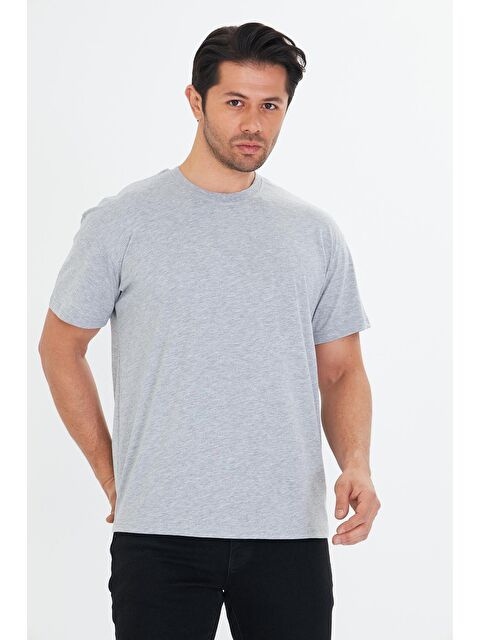 TRENDHILL Erkek Pamuklu Bisiklet Yaka Oversize Tişört Gri 5015-G - S000526681-20600