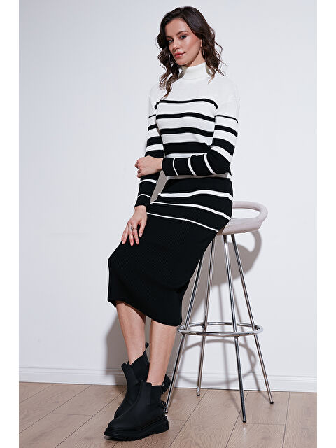 Lela Çizgili Yün Karışımlı Balıkçı Yaka Midi Boy Kadın Elbise 66910251 - S000297104-37428