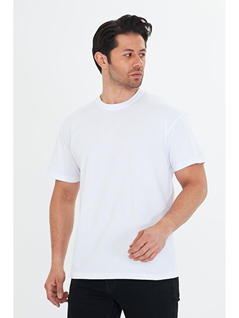 TRENDHILL Erkek Pamuklu Bisiklet Yaka Oversize Tişört Beyaz 5015-B - S000526681-20063