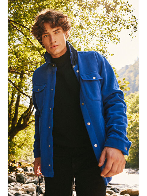 AC&Co / Altınyıldız Classics Erkek Saks-Lacivert Standart Fit Normal Kesim Gömlek Yaka Cepli Polar Ceket - S000396736-2497