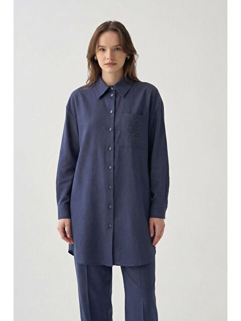 ALLDAY İndigo-Lazer Kesim Detaylı Keten Gömlek