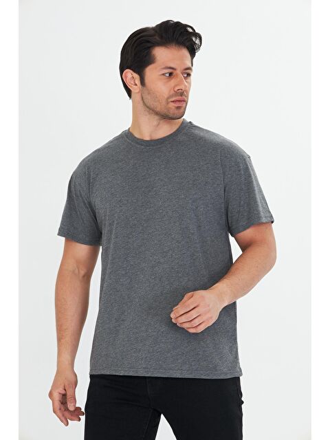 TRENDHILL Erkek Pamuklu Bisiklet Yaka Oversize Tişört Antrasit 5015-A - S000526681-29666