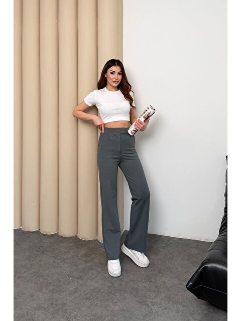 Mmetalic Kadın Yüksek Bel Cırt Kapama Beli Lastikli Fermuarlı Cepli Elastanlı Füme Palazzo Pantolon
