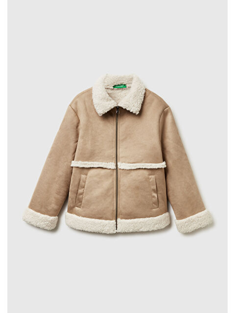 United Colors Of Benetton Kız Çocuk Taba Logo Detaylı Cepli Dik Yaka Suni Deri Ceket - S000514638-14955