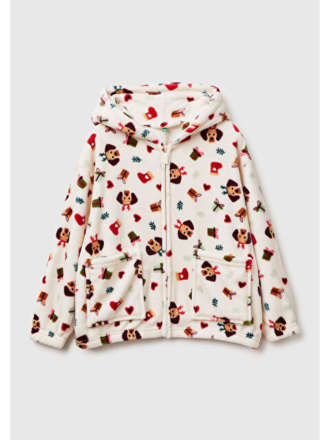 United Colors Of Benetton Kız Çocuk Krem Yılbaşı Desenli Kulak Aplikeli Fermuarlı Kapüşonlu Sabahlık - S000514639-19966